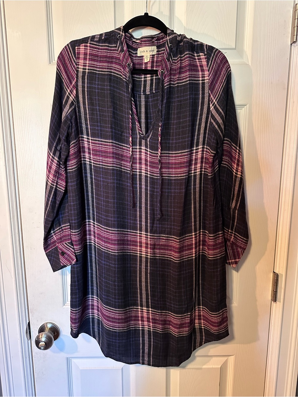 cloth & stone Purple and Black Plaid Tie-Neck Tunic